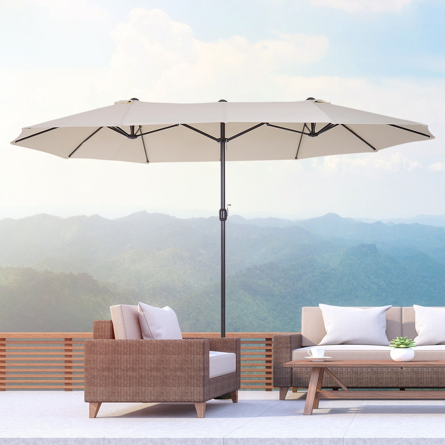 15ft Double-Sided Patio Umbrella with Crank Handle - Cream White