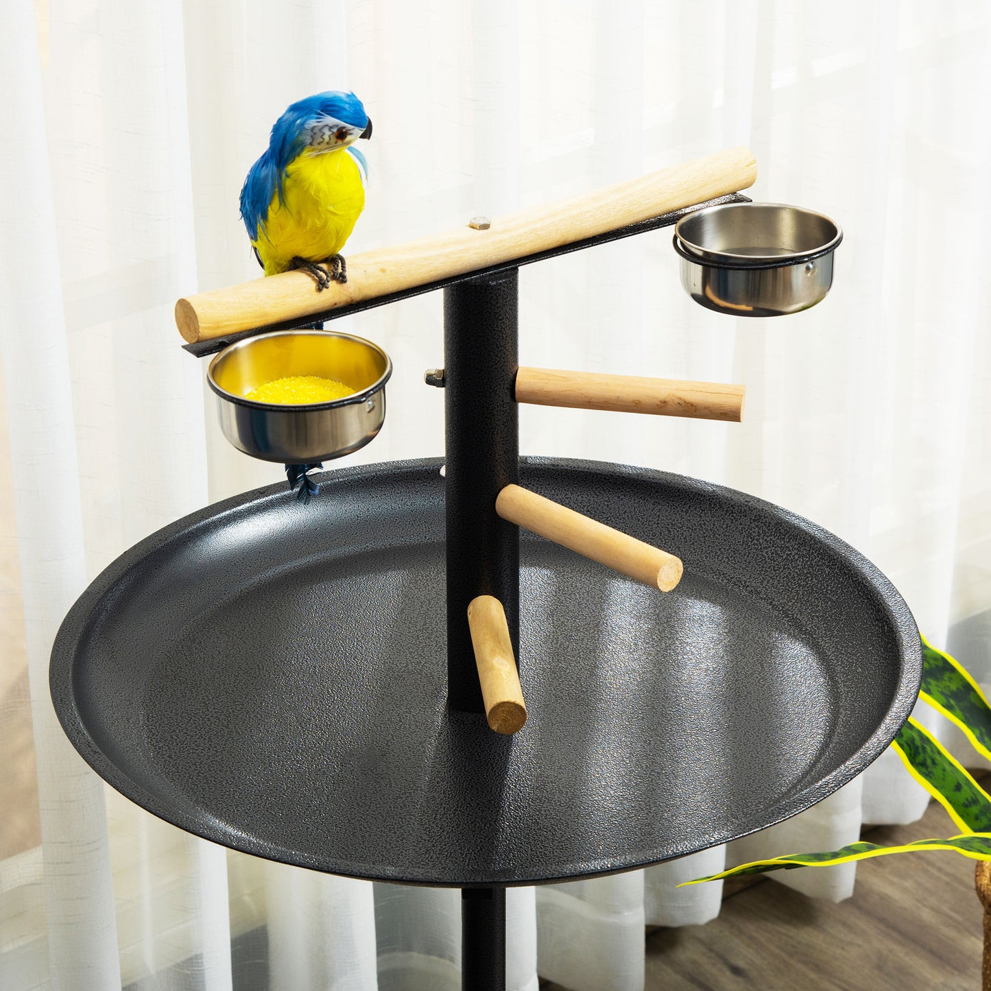 Portable Bird Play Stand with Wheels and Stainless Steel Feeders - Gray