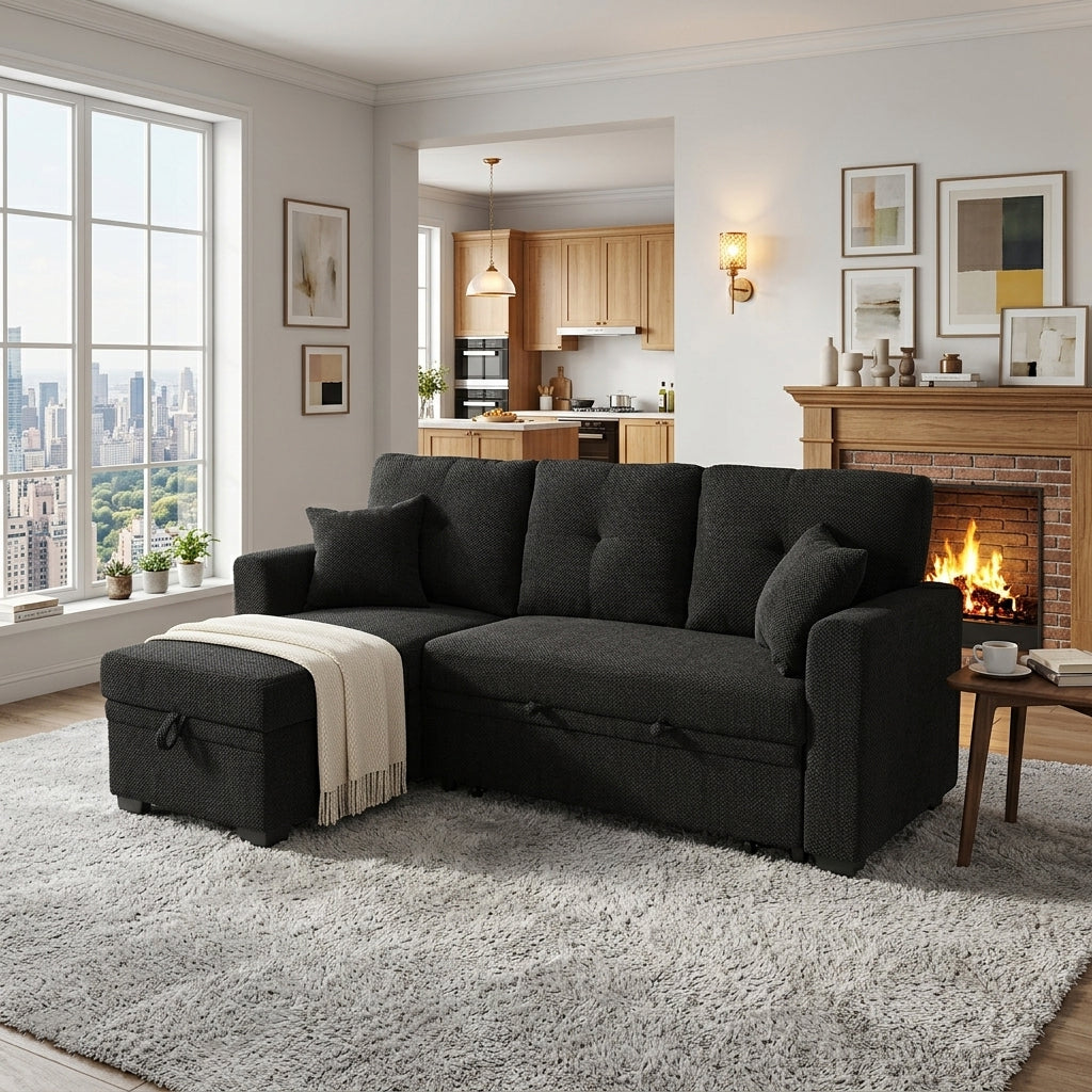 Sleeper Sofa Sectional with Pull-Out Bed & Reversible Chaise - Black