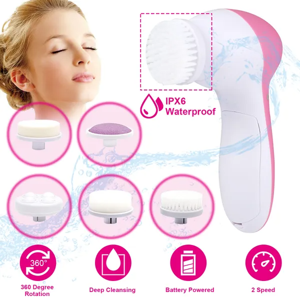 Electric Facial Cleansing Brush with 5 Brush Heads - Pink