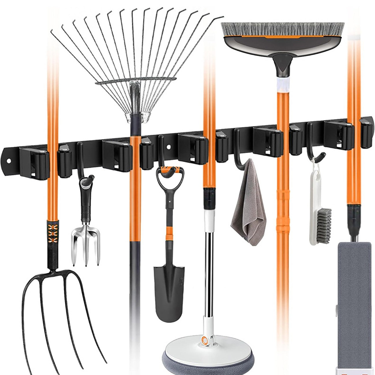 Heavy Duty Wall Mounted Broom and Mop Organizer Rack with 5 Shelves and 4 Hooks