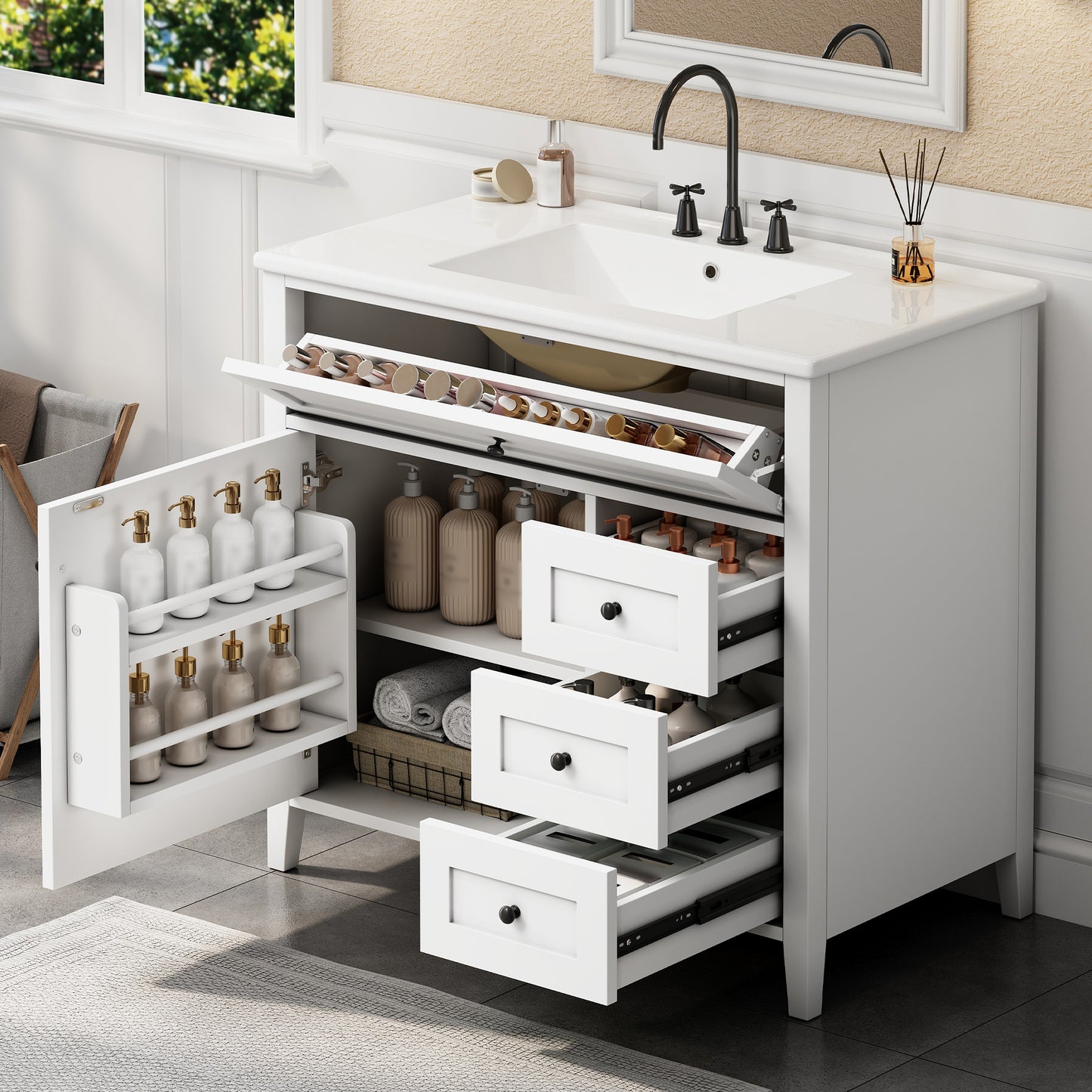 36-Inch White Bathroom Vanity with Sink and 3 Drawers