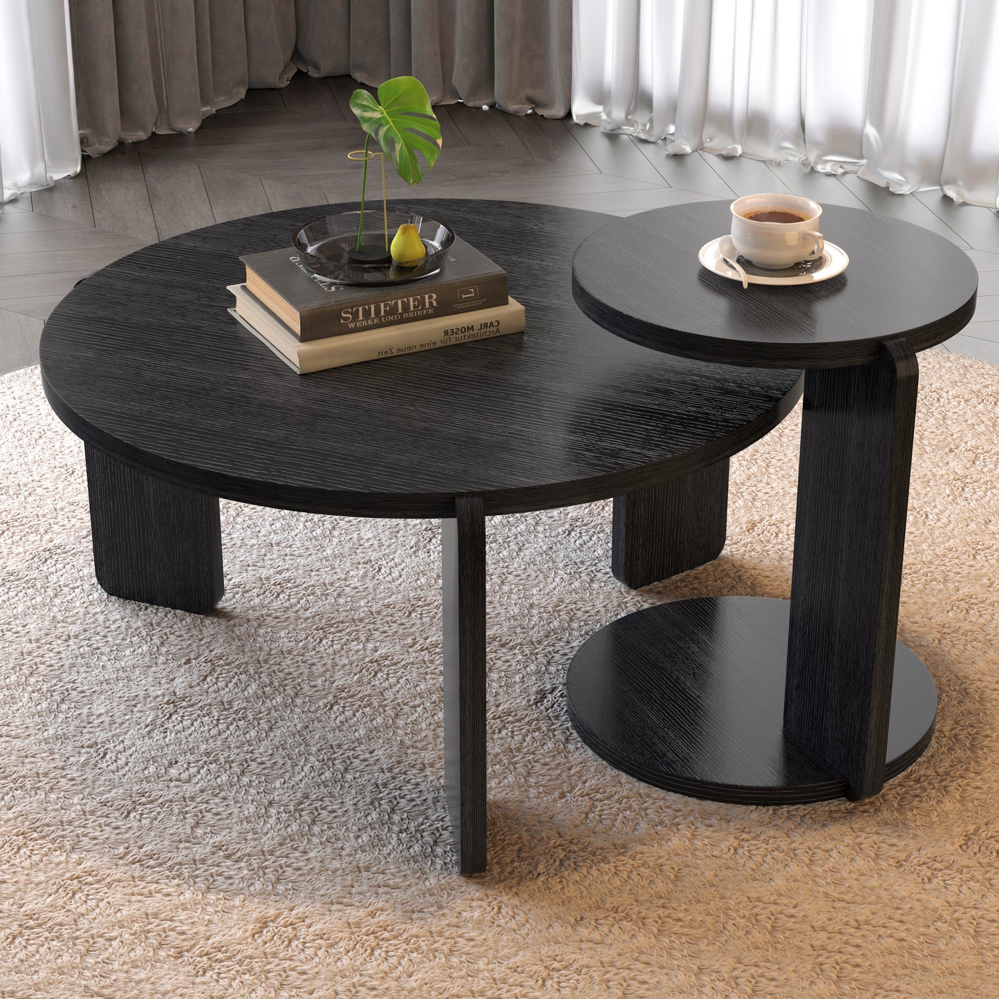 32.68 Inch 83 Cm Diameter Nesting Round Wood Coffee Table With End