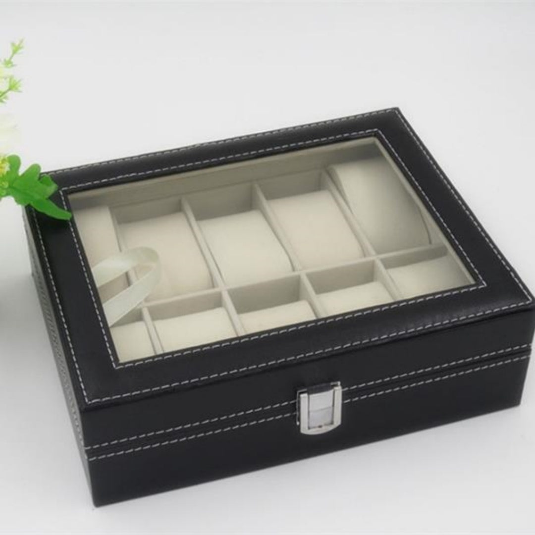 10 Compartments High-grade Leather Watch Storage Box Black