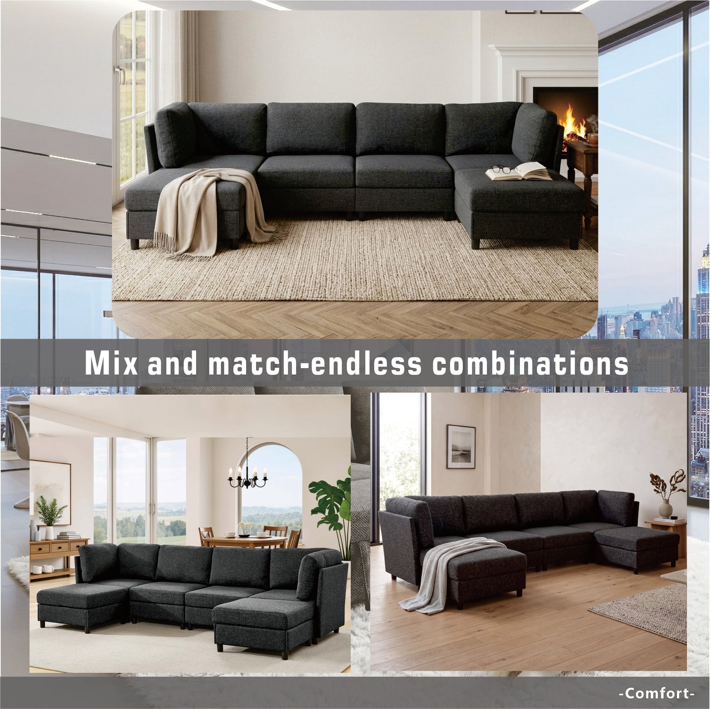 Modular Corner Sofa - Dark Grey Soft Upholstery for Living Room