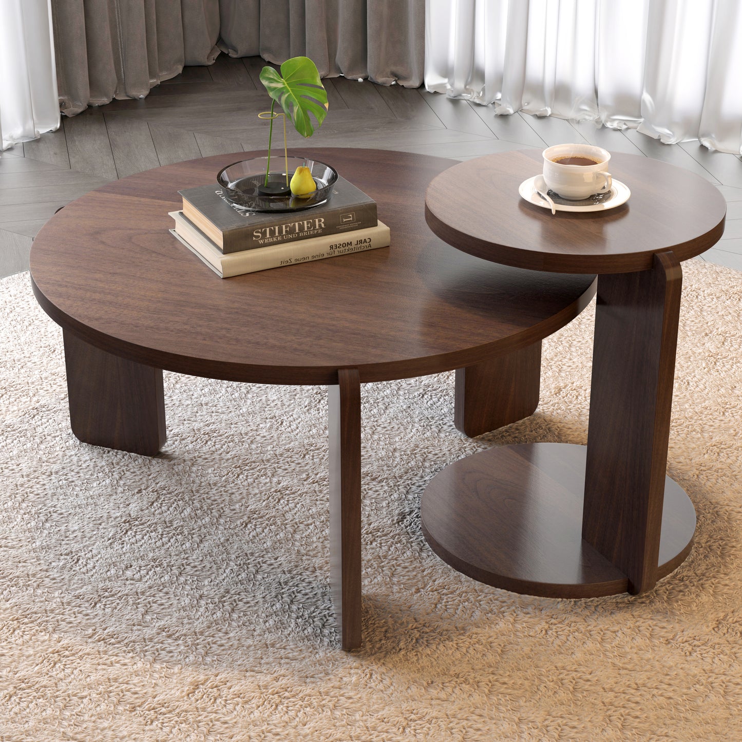 32.68 Inch Nesting Round Wood Coffee Table With End Set Of 2, Walnut