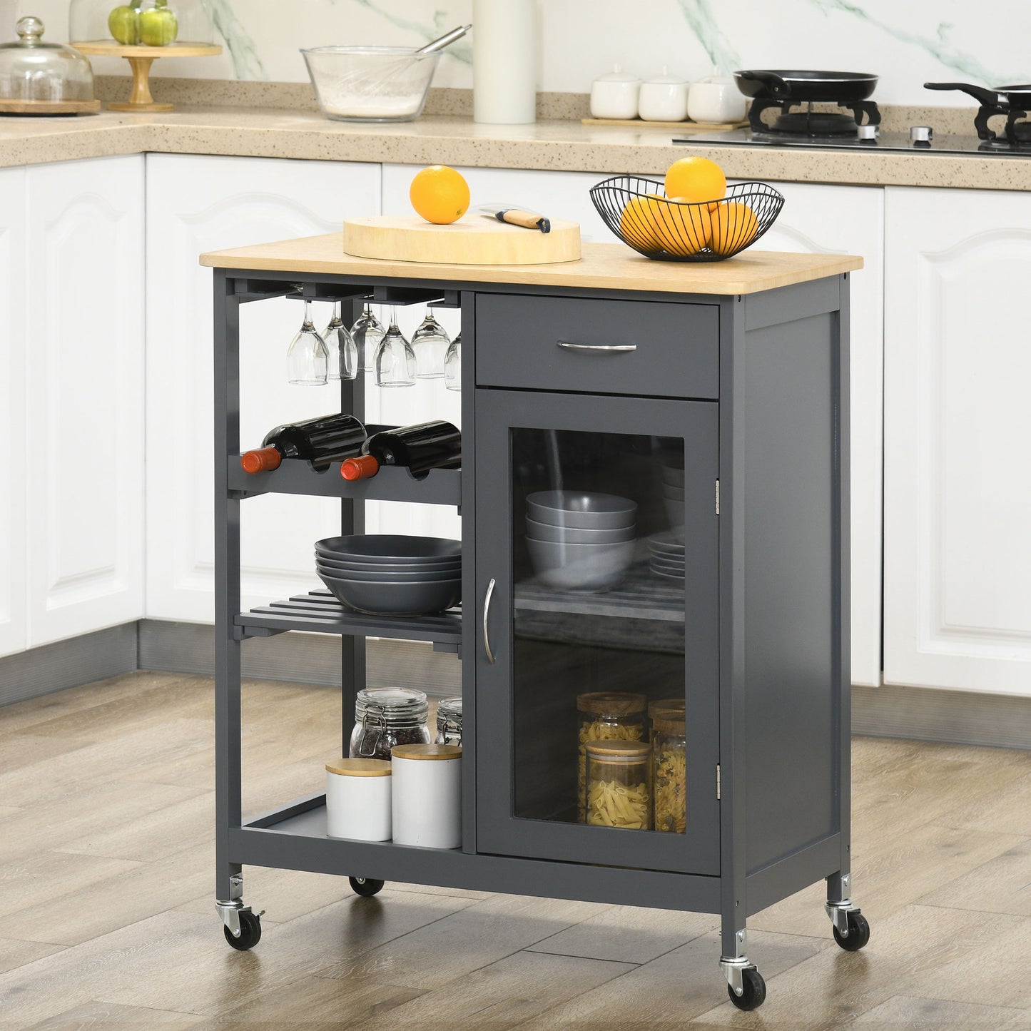 Rolling Kitchen Island Cart with Wine Rack and Storage - Gray