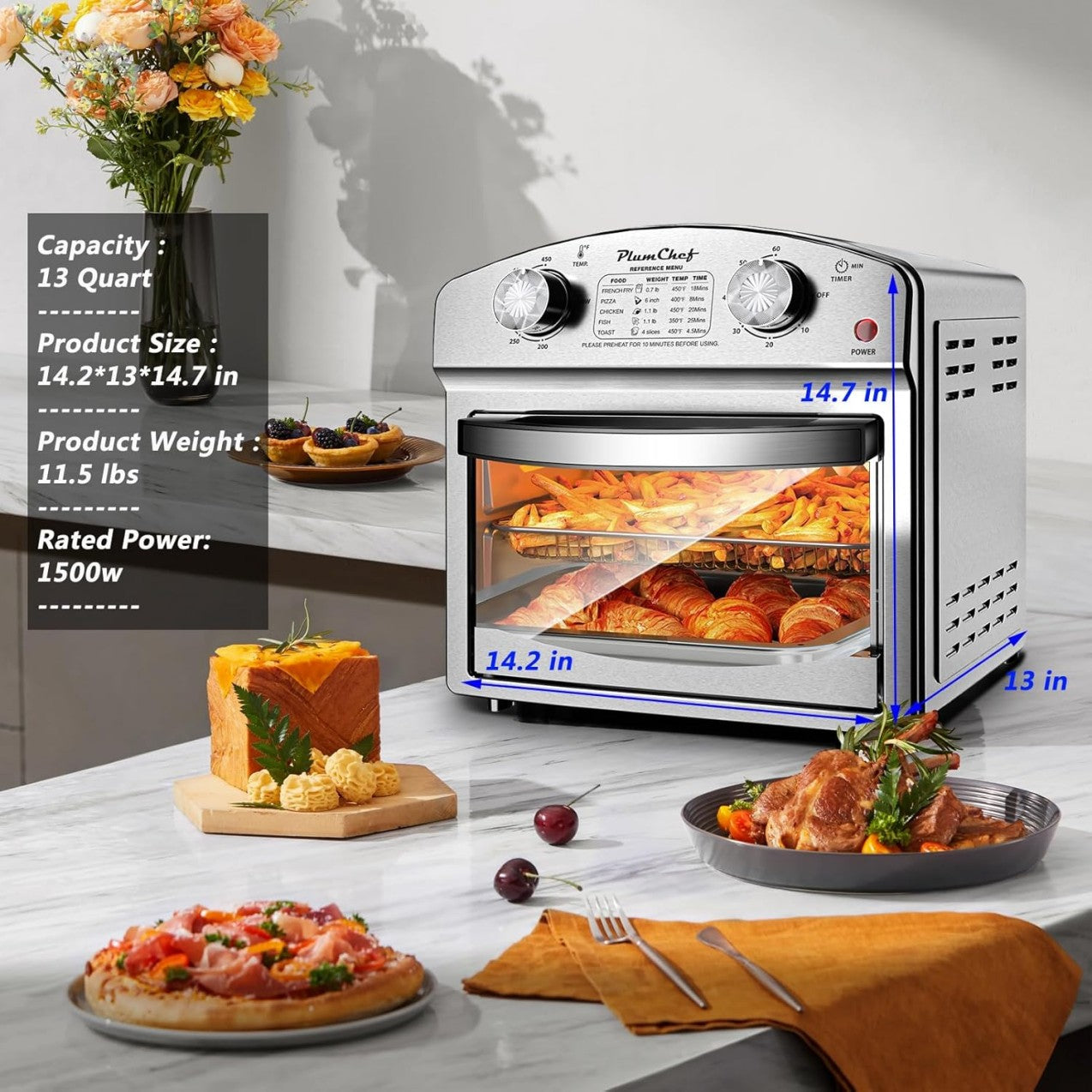 12.5 Qt Stainless Steel Air Fryer with Dual Knob Control and Presets