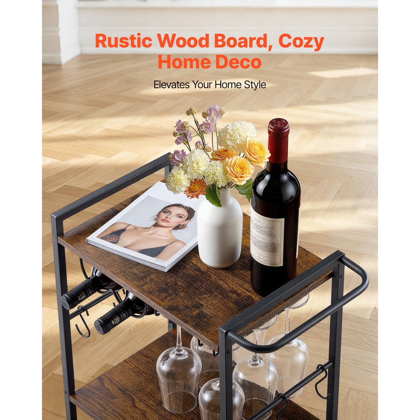 Bar Cart 3-Tier Serving Cart with Wine Rack & Glass Holder - Rustic Brown & Black