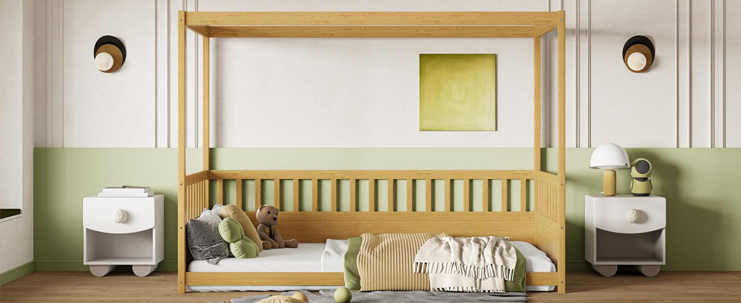 Twin Size Canopy Bed Frame with Guardrails - Natural Wood