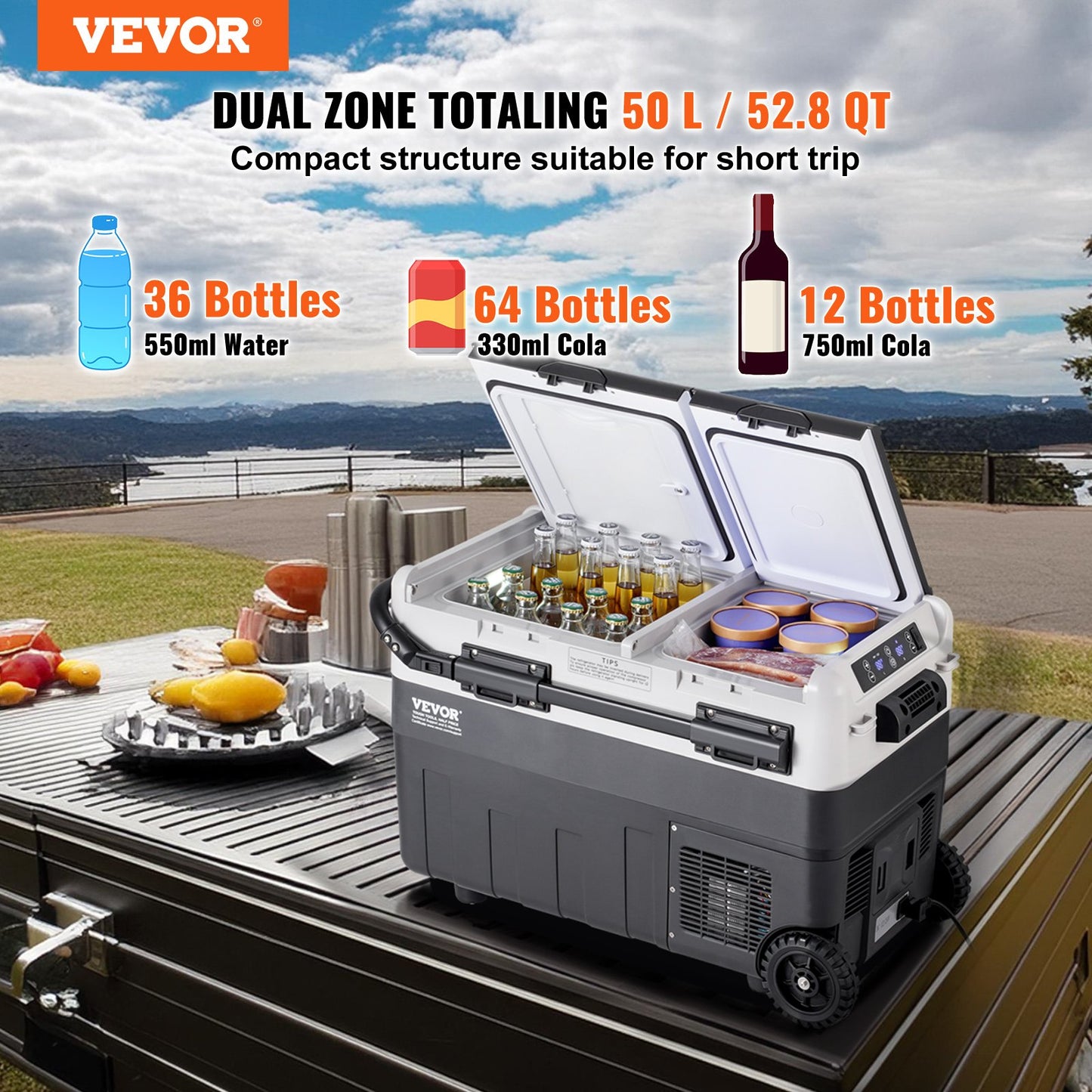 Portable Car Refrigerator Freezer 50L Dual Zone Cooler with LED Display - Black