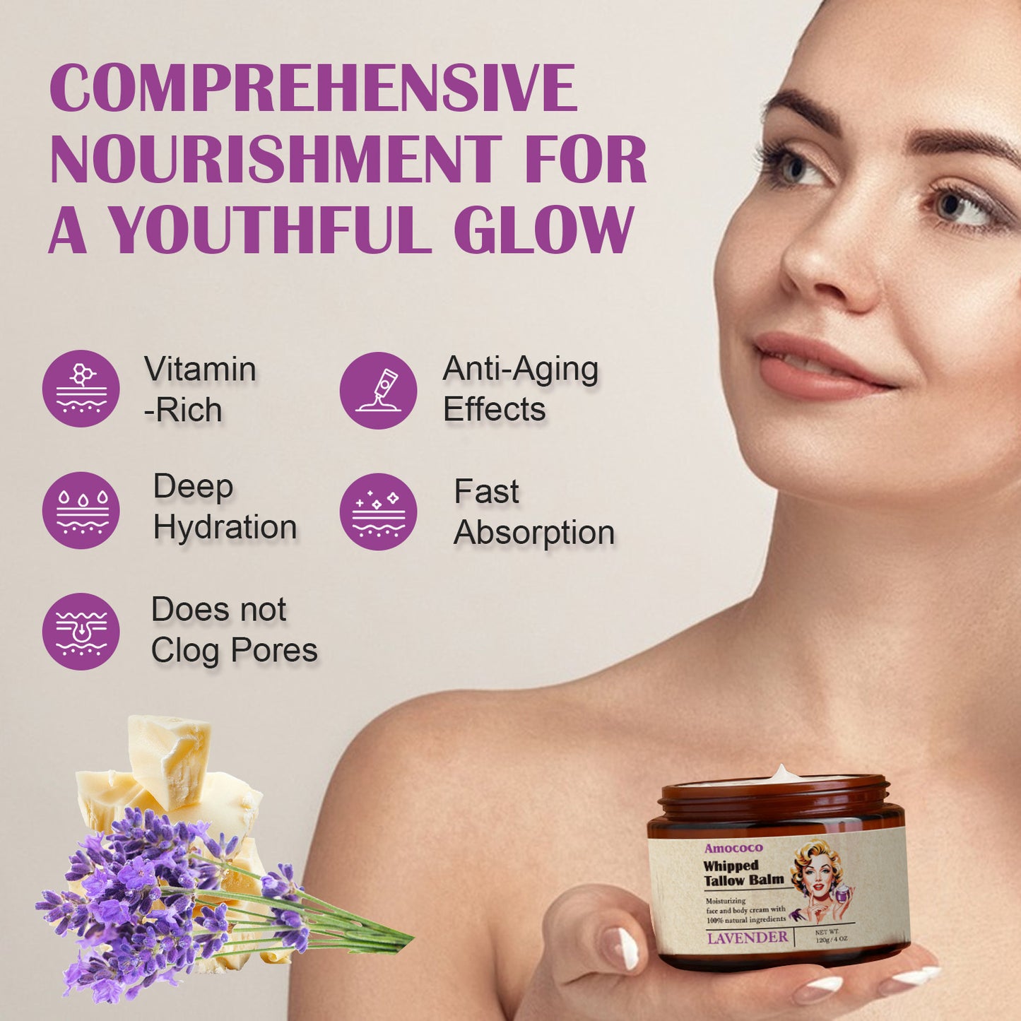 Whipped Tallow Balm with Lavender - Deep Hydration Skin Moisturizer 120g