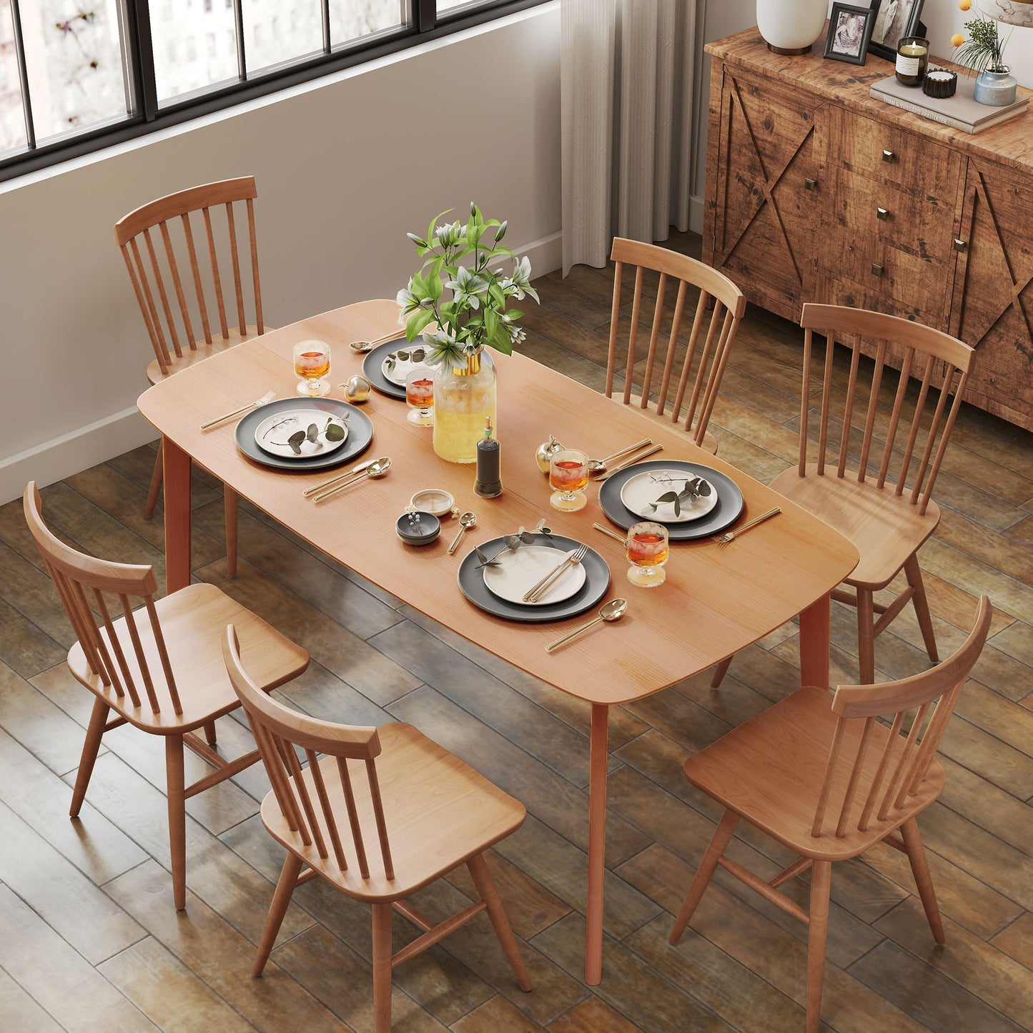 Rustic Pine Wood Dining Table for 6 - 59" Rectangular