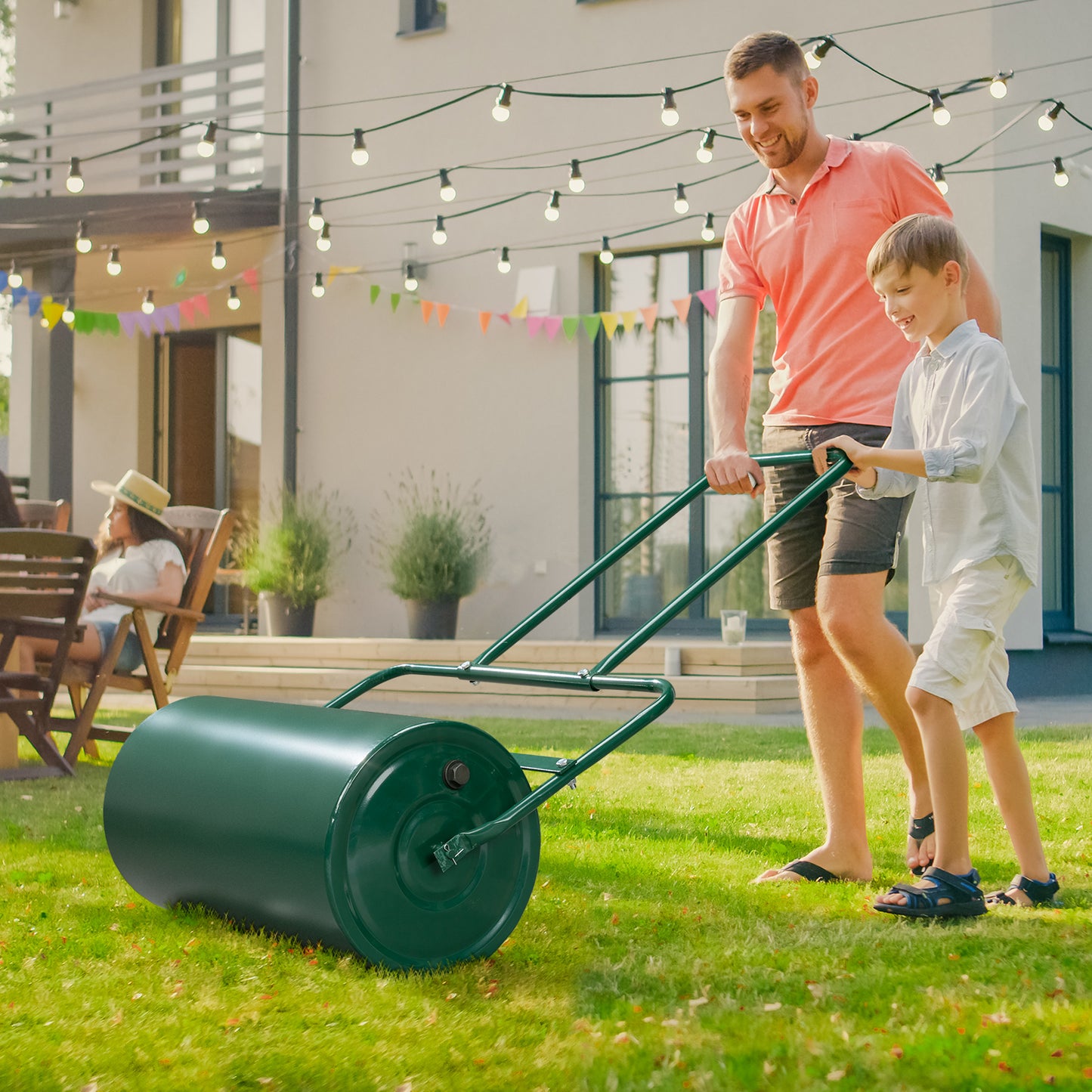 24 Inch Green Lawn Roller for Garden, Steel Drum with Water Fill Capacity