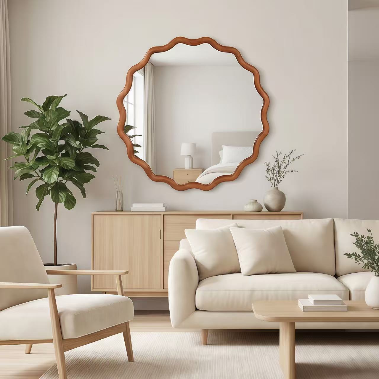 24-Inch Wavy Round Solid Wood Frame Decorative Mirror - Yellowish Brown