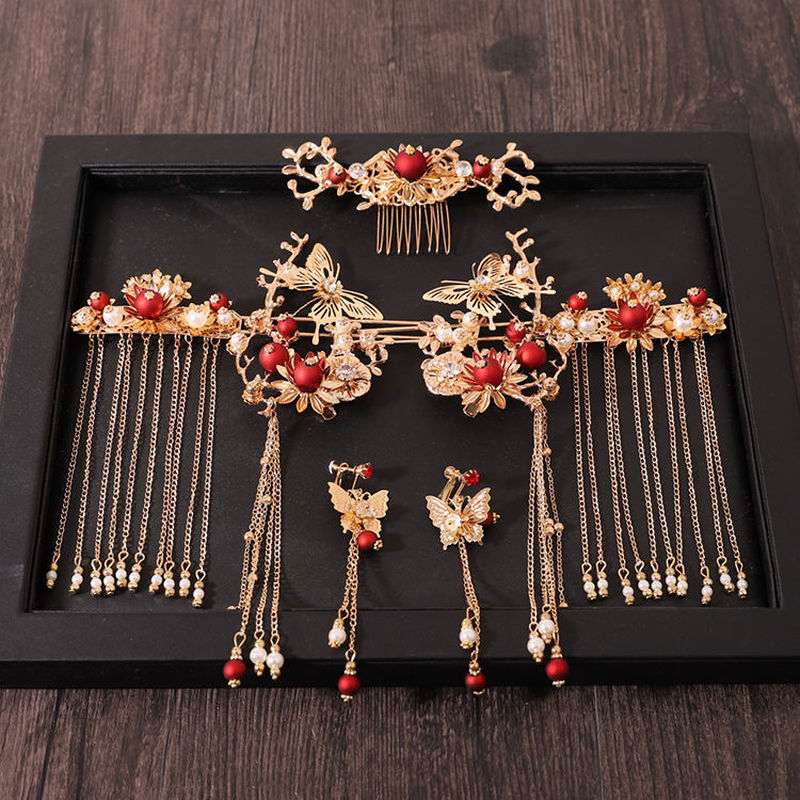 Chinese Style Bride Phoenix Crown Headband - Red Alloy Vintage Hair Accessory