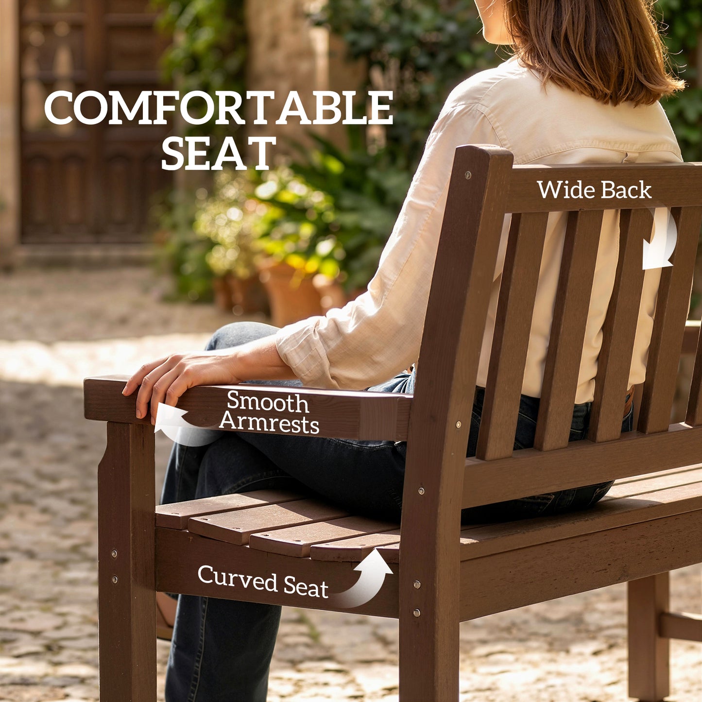 2-Person Outdoor Garden Bench - HDPE Curved Seat, Brown