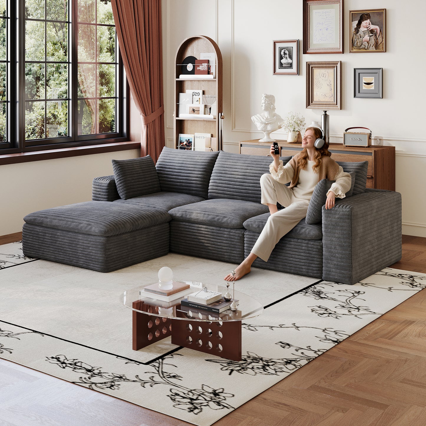 102" Cloud Sofa - Deep Seat Corduroy Fabric, Removable Cushion, Dark Grey