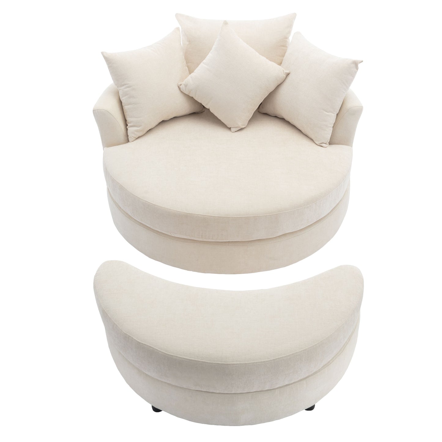 360° Swivel Accent Barrel Chair with Storage Ottoman & 4 Pillows - Cream