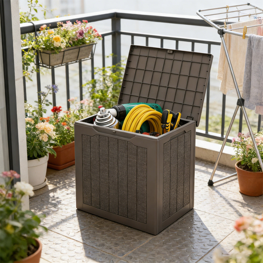 Outdoor Storage Box 25 Gallon Lockable Deck Bin with Wicker Texture