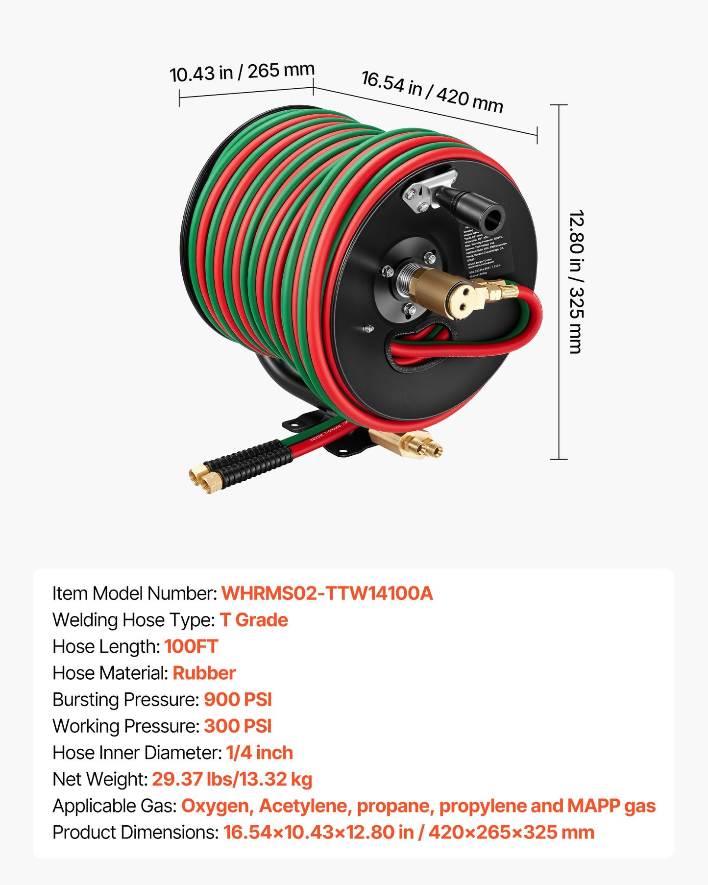 Retractable Welding Hose Reel with 1/4 Inch 100FT Rubber Hoses for Oxygen & Acetylene