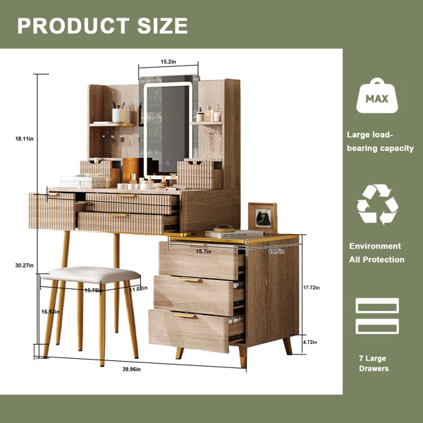 7-Drawer Makeup Vanity Desk with LED Mirror and Stool