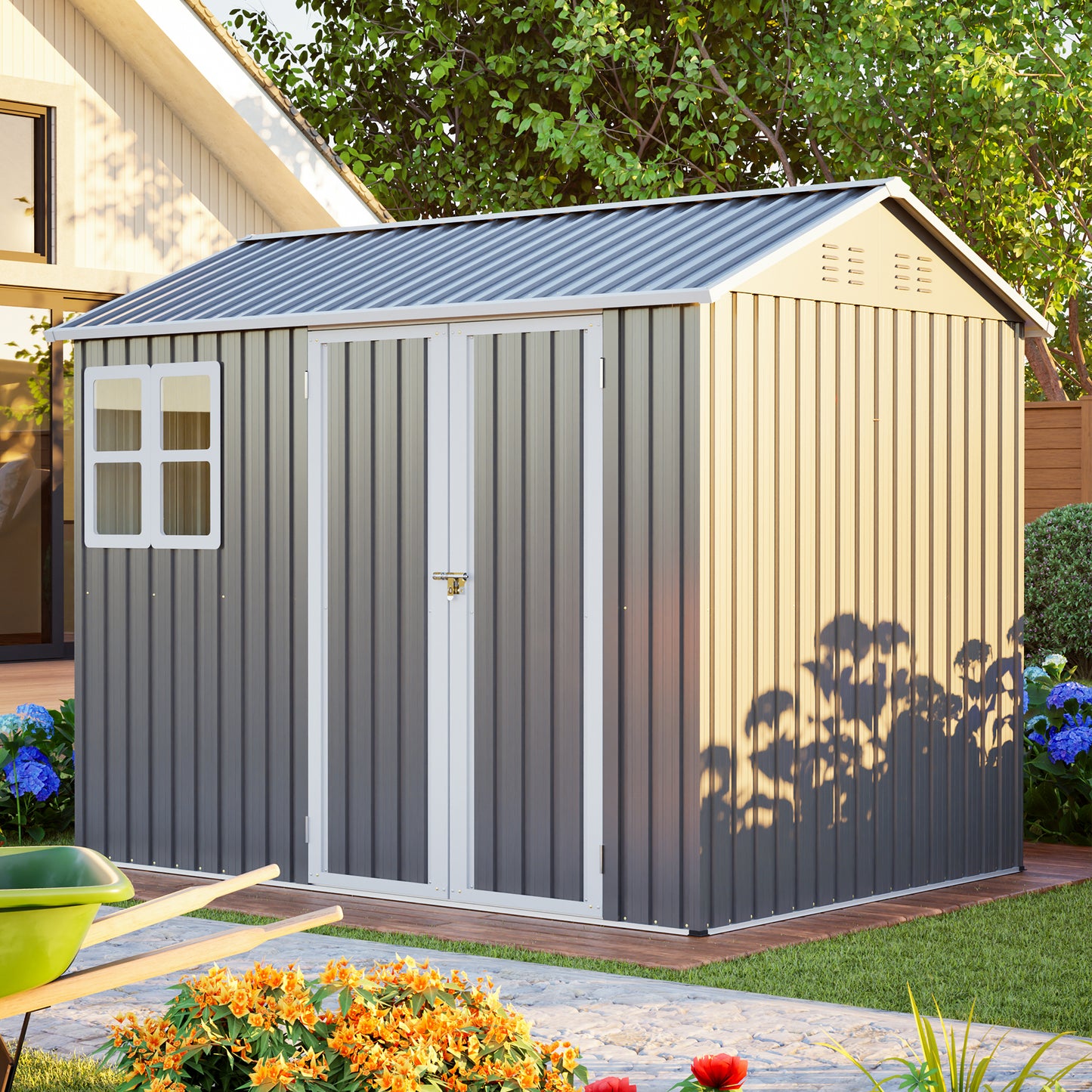 8'x6' Large Steel Storage Shed With Window, Lockable Doors & Sloped