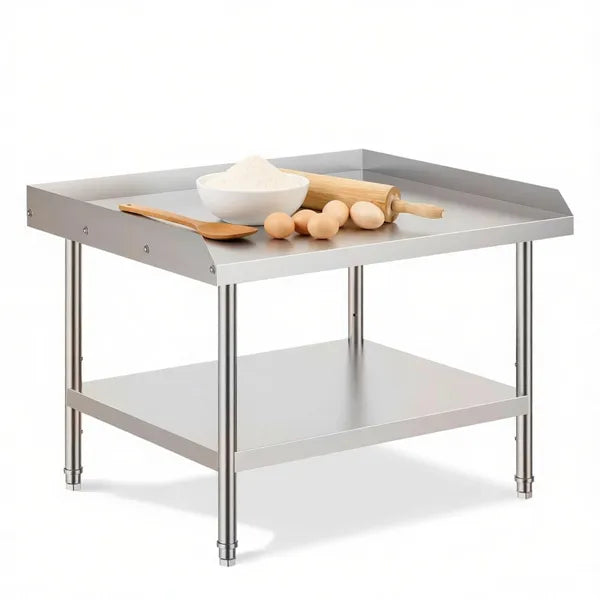Sleek Metal Work Table With Easy To Clean And Adjustable Shelves For