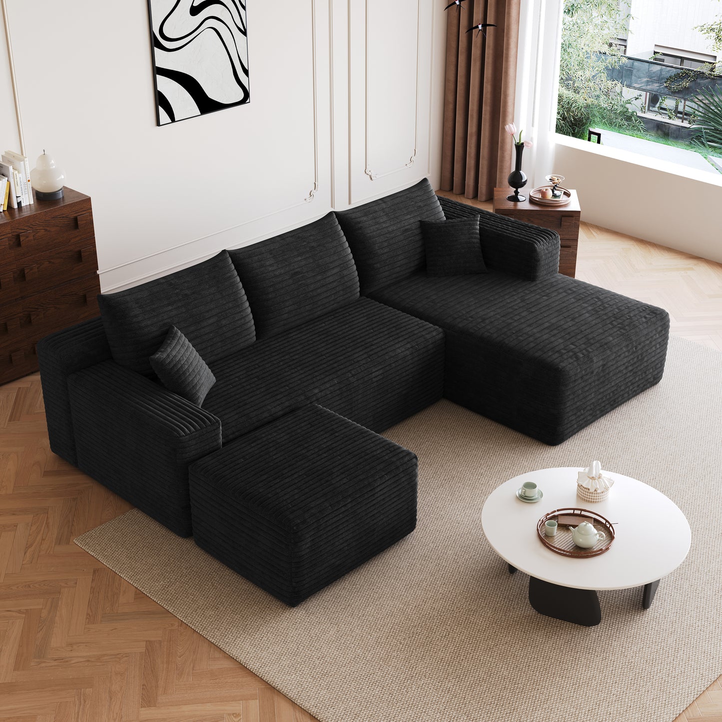 95" Cloud Sectional Sofa with Ottoman - Modern Black Corduroy