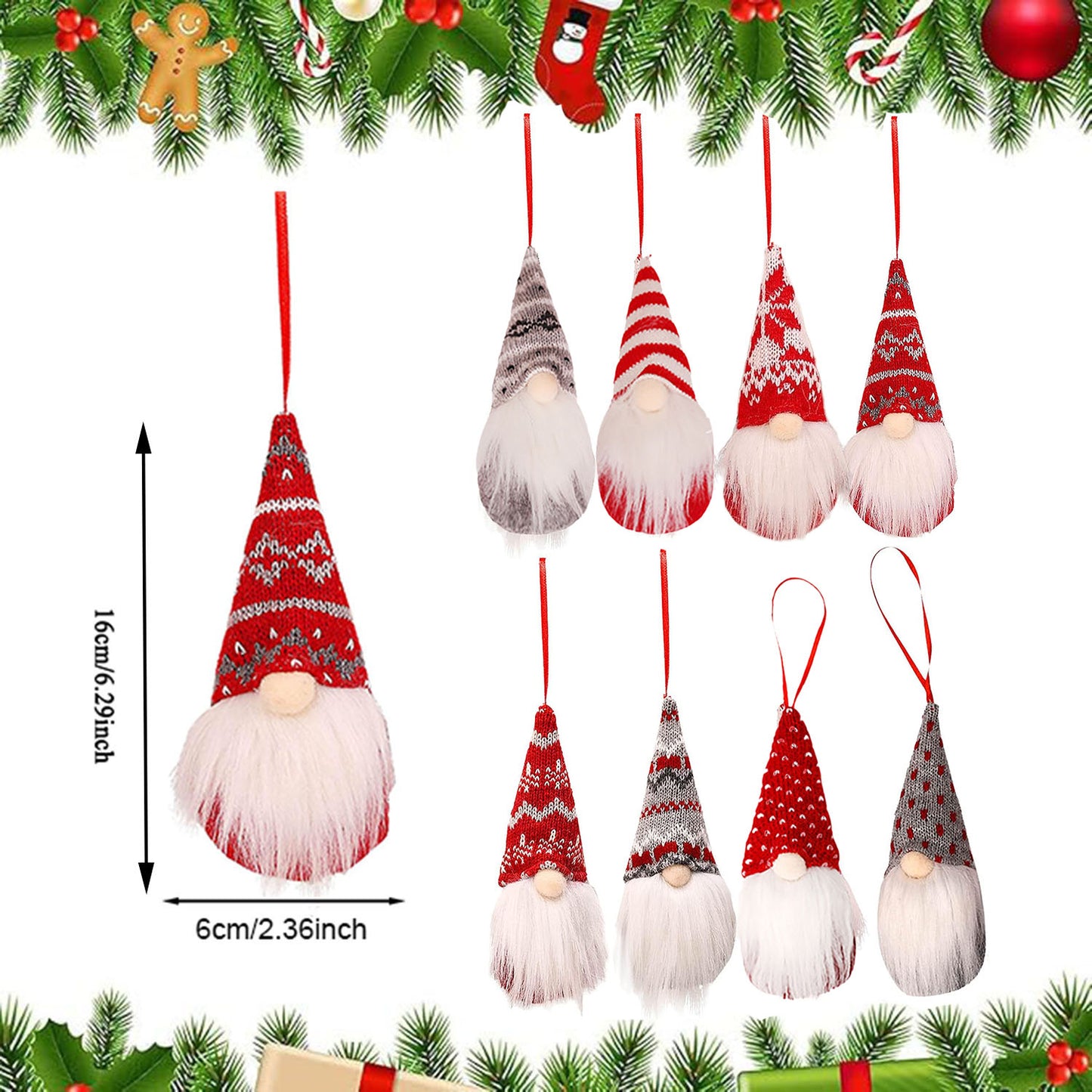 8-Pack Handmade Christmas Gnome Plush Ornaments - Red & White