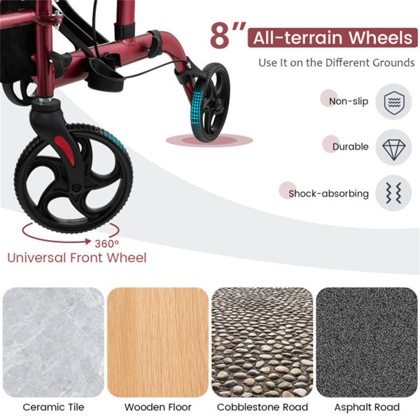 2-in-1 Rollator Walker and Wheelchair - Adjustable Handles, 300lbs Capacity, Red