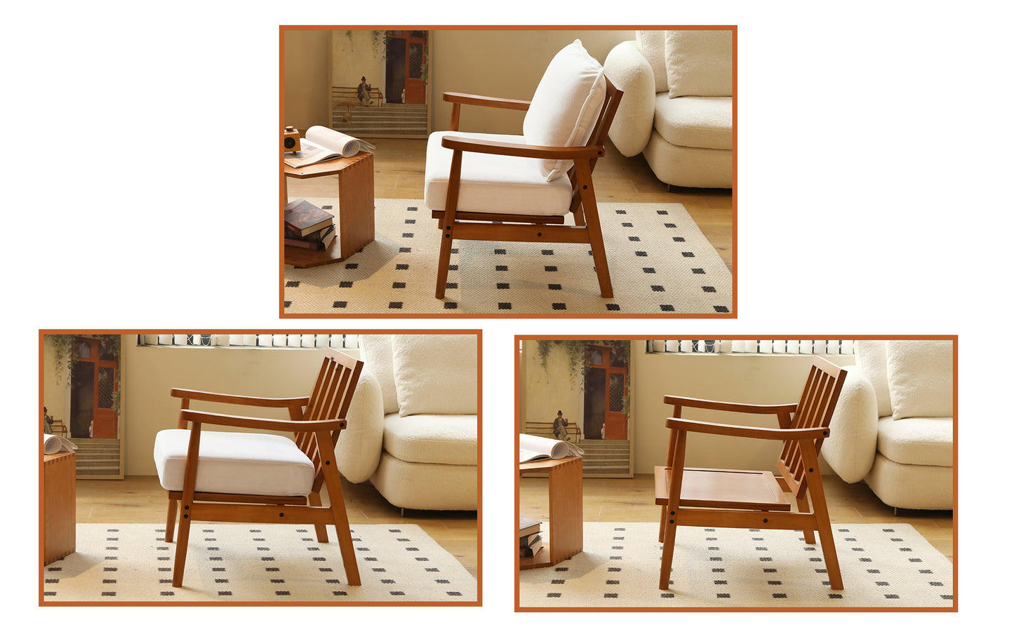 Accent Chair with Solid Wood Frame - White Fabric Cushion