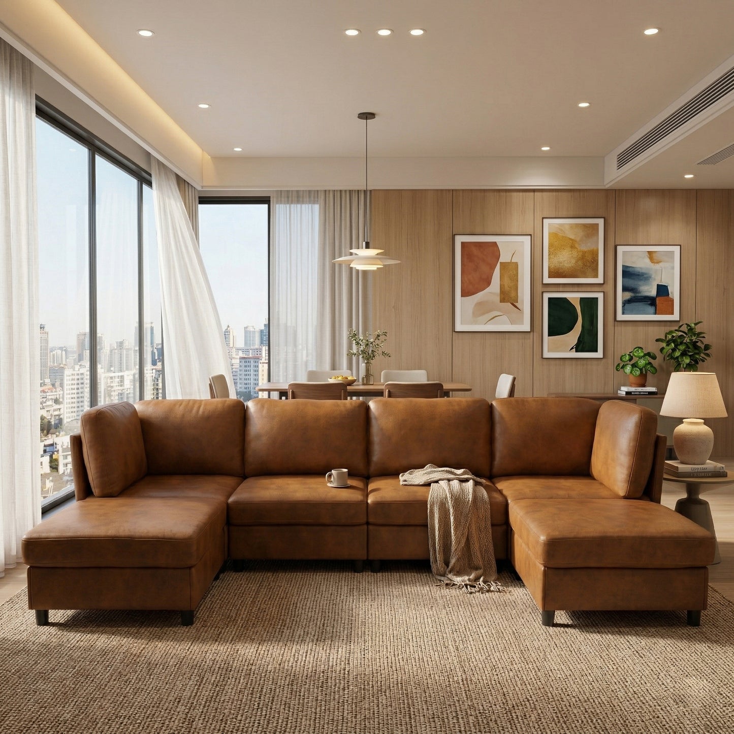 Modular Corner Sofa - Light Brown Fabric, 6 Seats, Modern Design