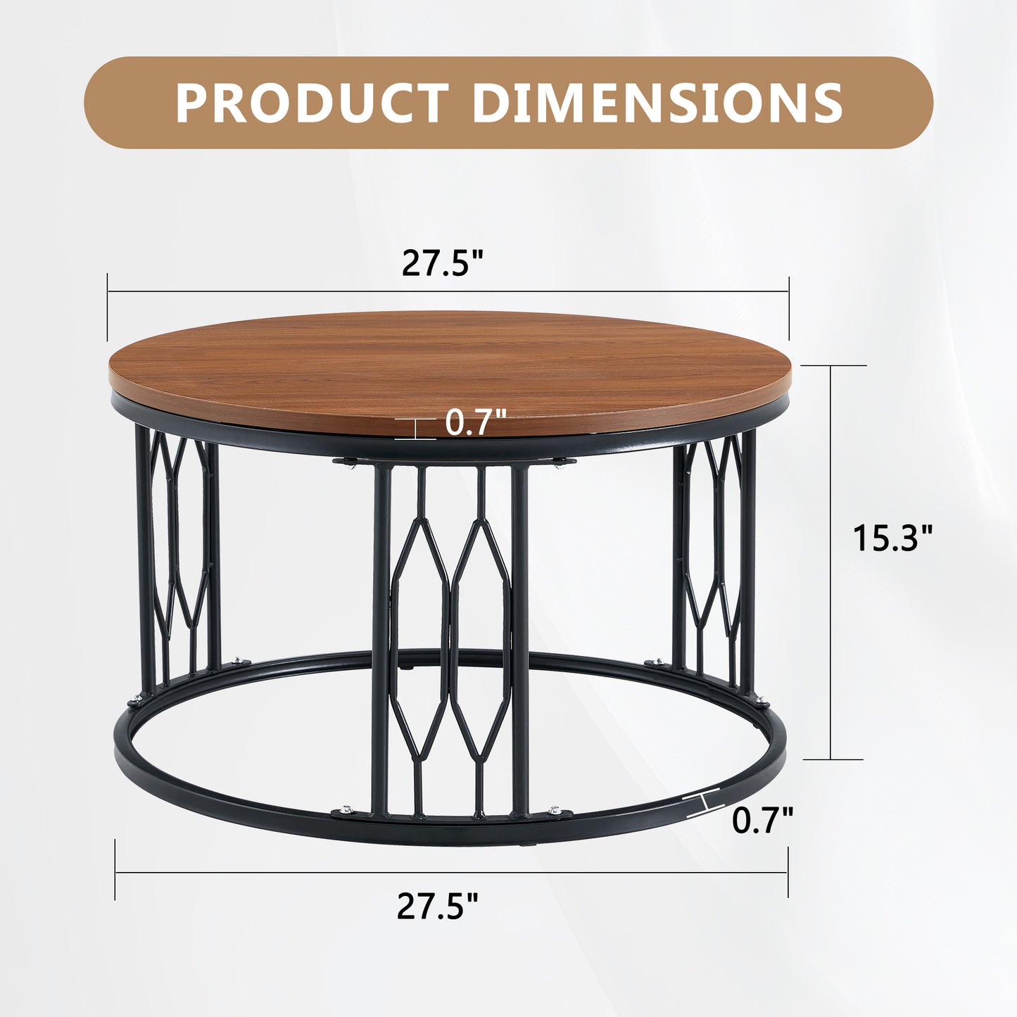 Walnut Round Coffee Table - 27.5" MDF Top, Metal Legs