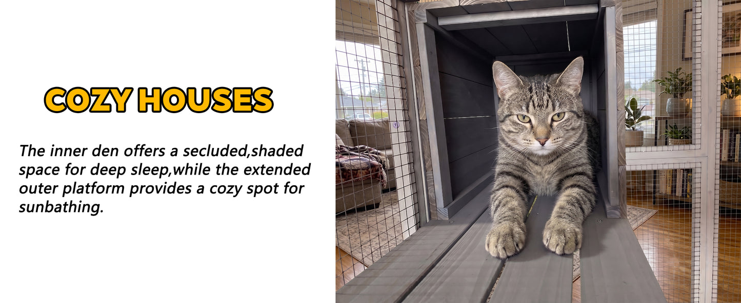 Gray Wooden Cat Enclosure with Waterproof Top, 2 Napping Boxes, Spacious & Secure