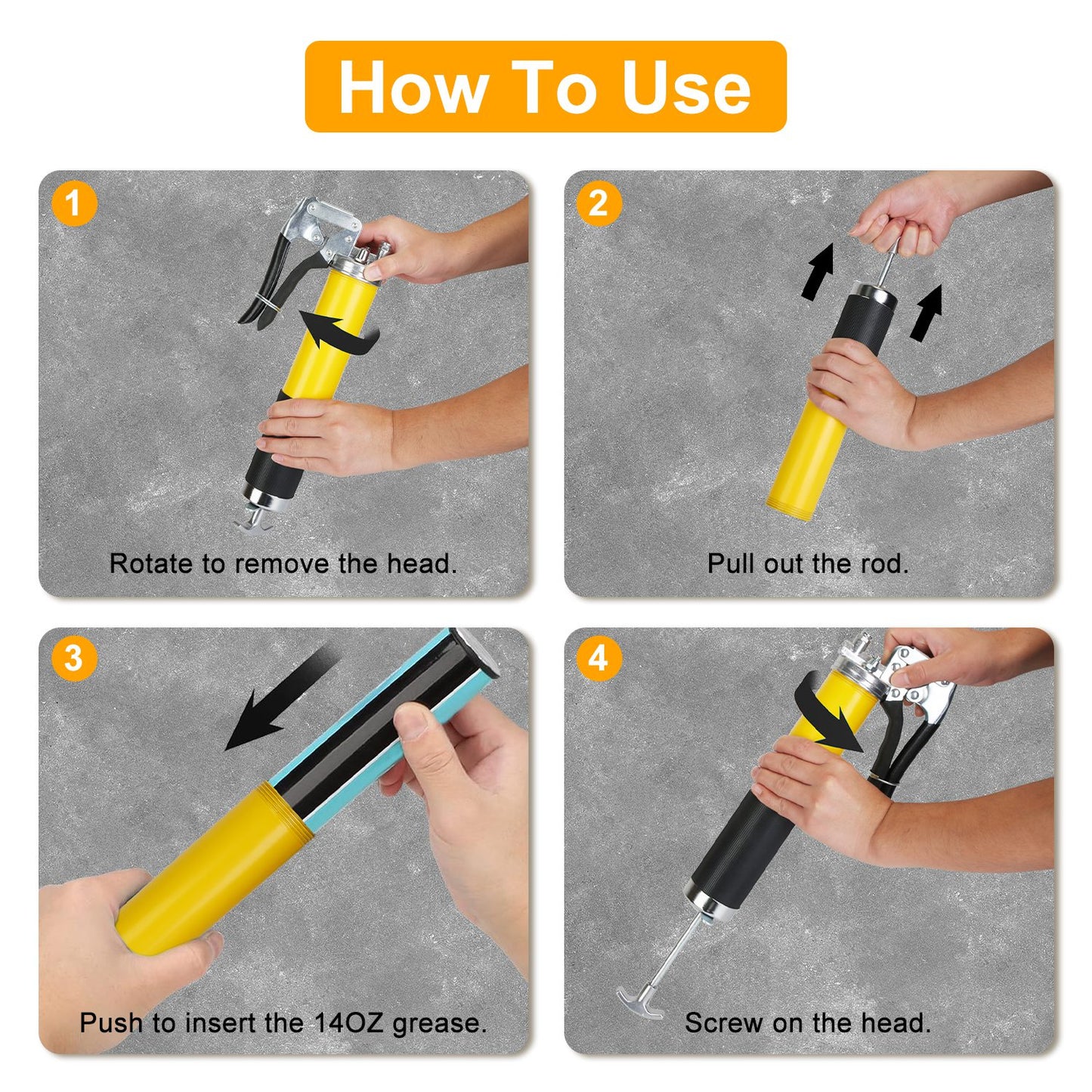 High Pressure Grease Gun Kit 7000 PSI with Flex Hose & Nozzles - 14oz