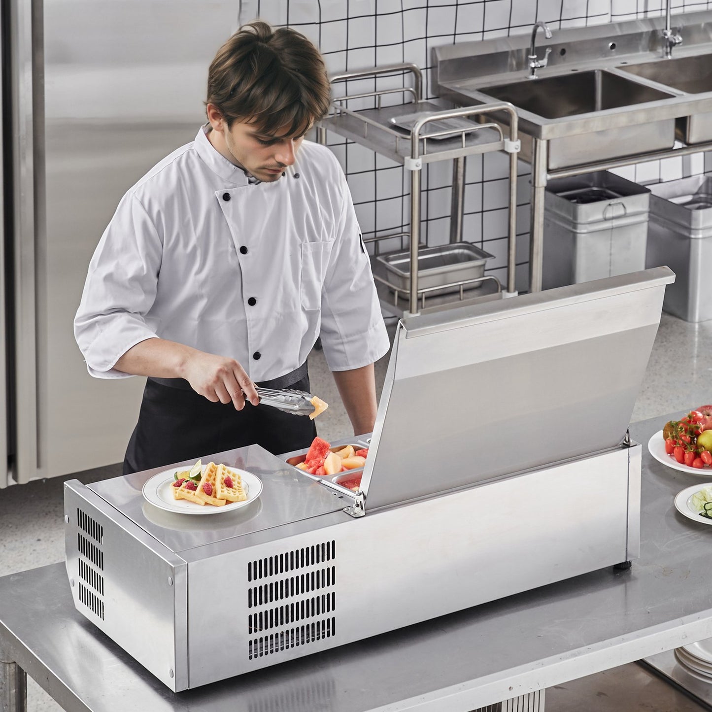Refrigerated Condiment Prep Station with 1/3 & 4/6 Pans - Stainless Steel Countertop Cooler