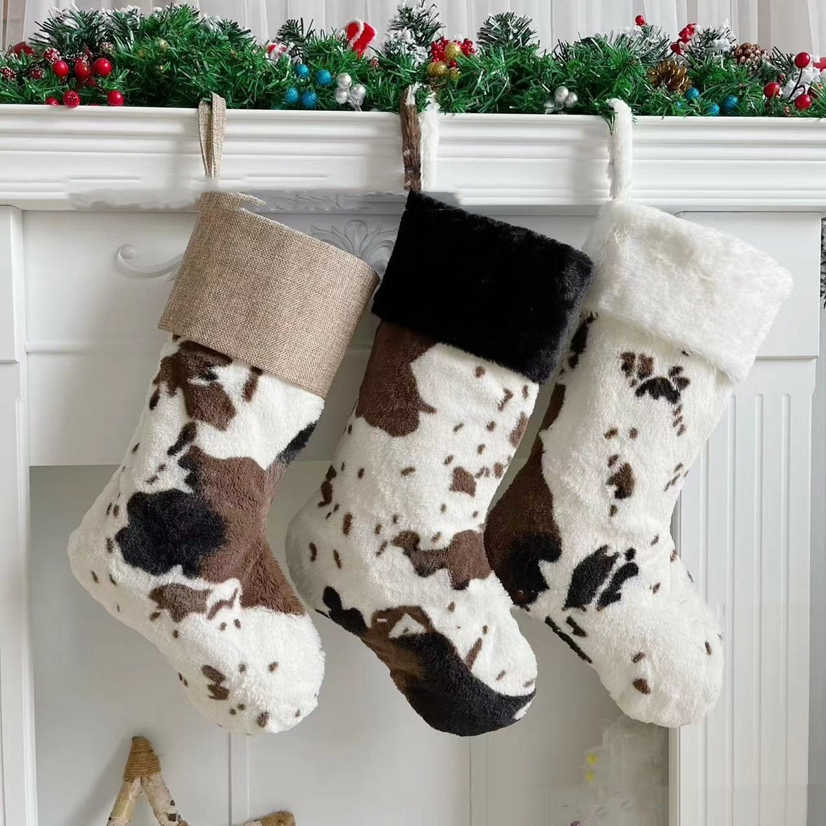 20-Inch Plush Christmas Stockings Cow Pattern Gift Bag - Holiday Decor