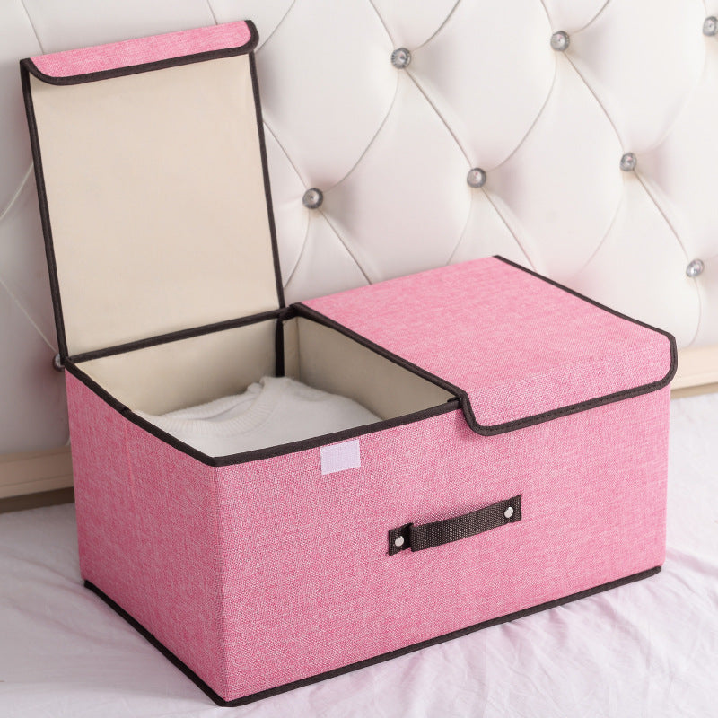 Foldable Cotton Linen Storage Box with Double Lid - Multi-Purpose Home Organizer