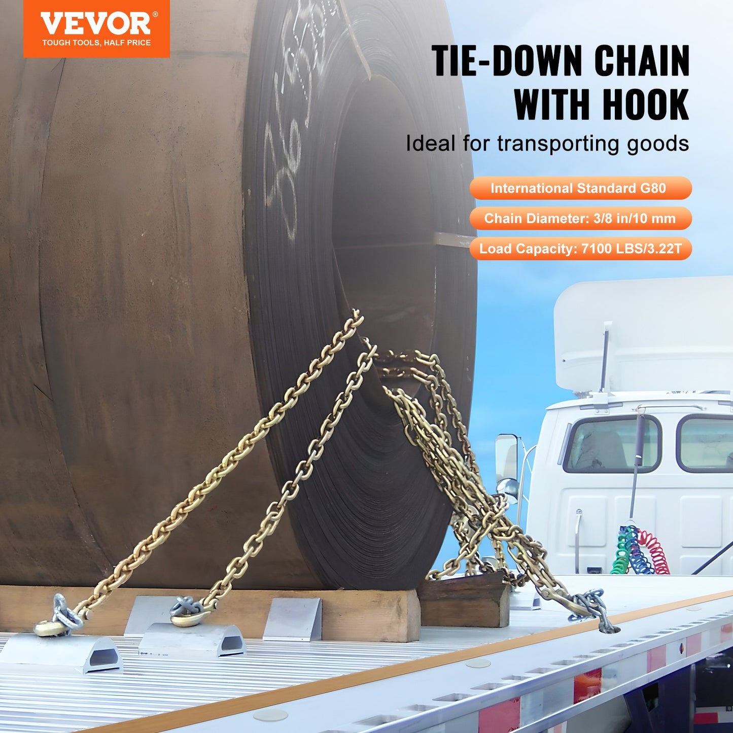 G80 Grade Tow Chain with Hooks - Heavy Duty Tie Down Chain 3/8 x 10.3 ft, 2 Pack, 7100 lbs Capacity