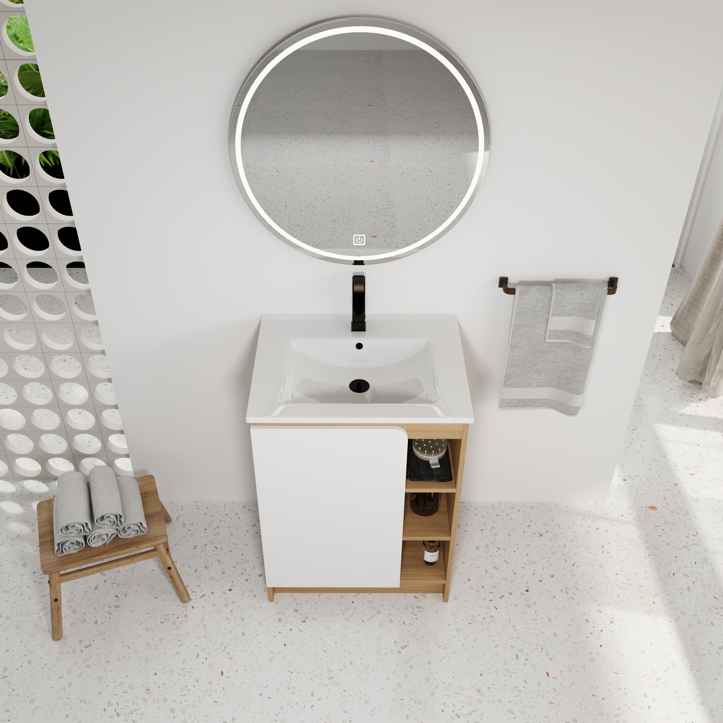24" Light Oak Bathroom Vanity with Ceramic Sink & Open Shelves