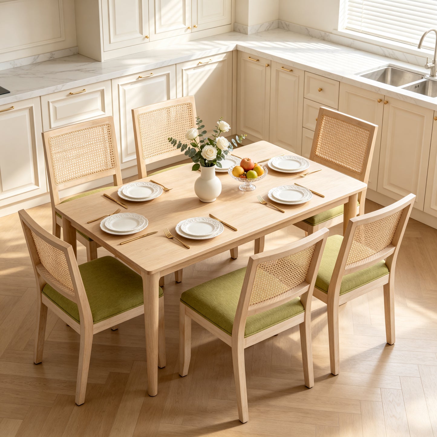 Olive Green Rattan Dining Chairs Set of 2 - Mid Century Modern