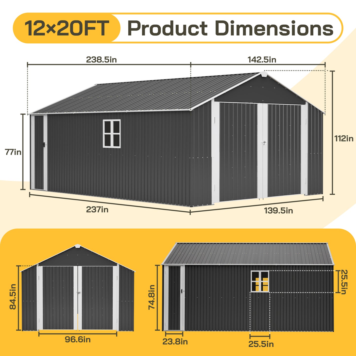 12x20 FT Outdoor Metal Shed - Spacious Storage with Double Doors