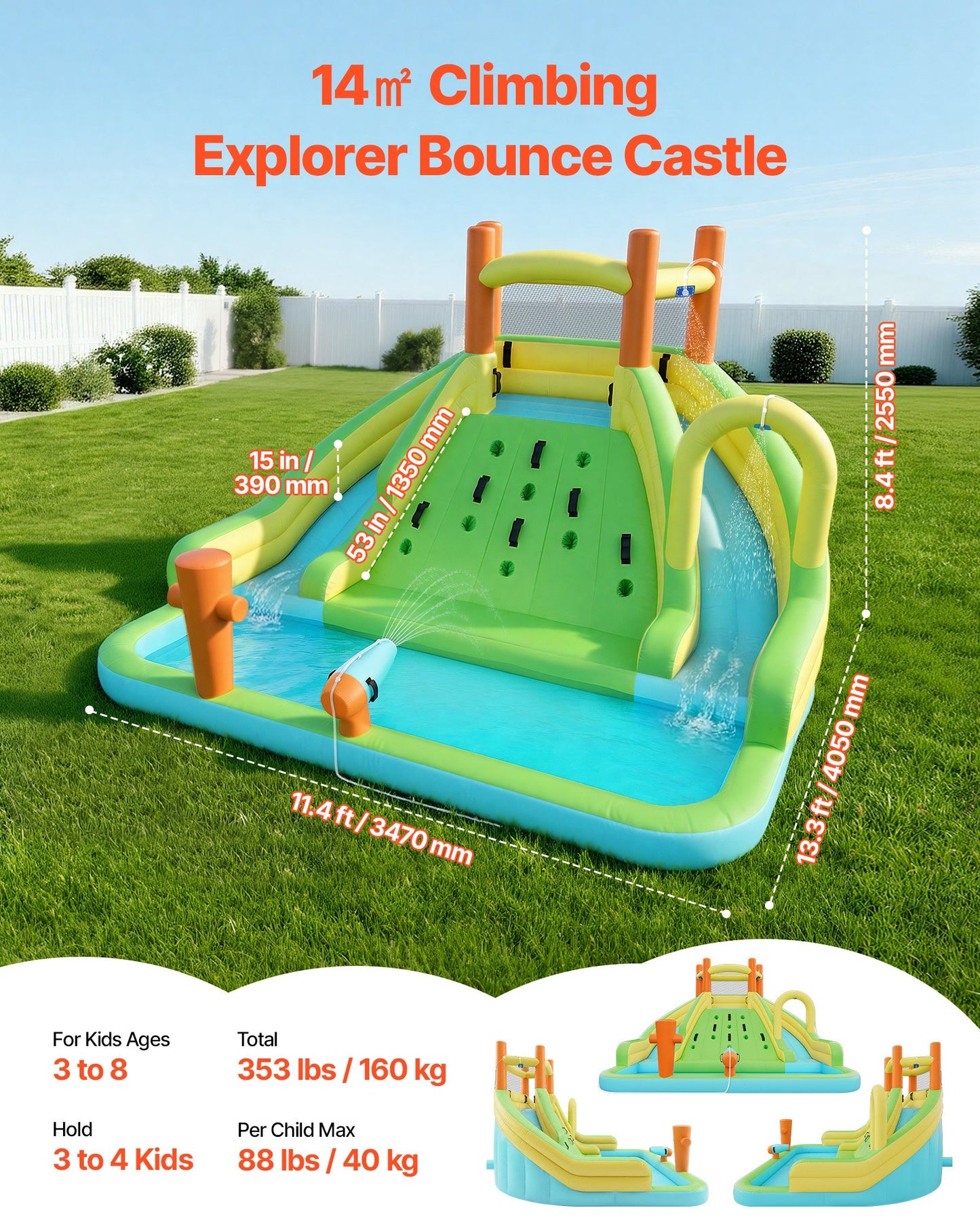Inflatable Water Slide Bounce House with Climbing Wall and Double Slides - 13.3x11.4ft, Kids Outdoor Play
