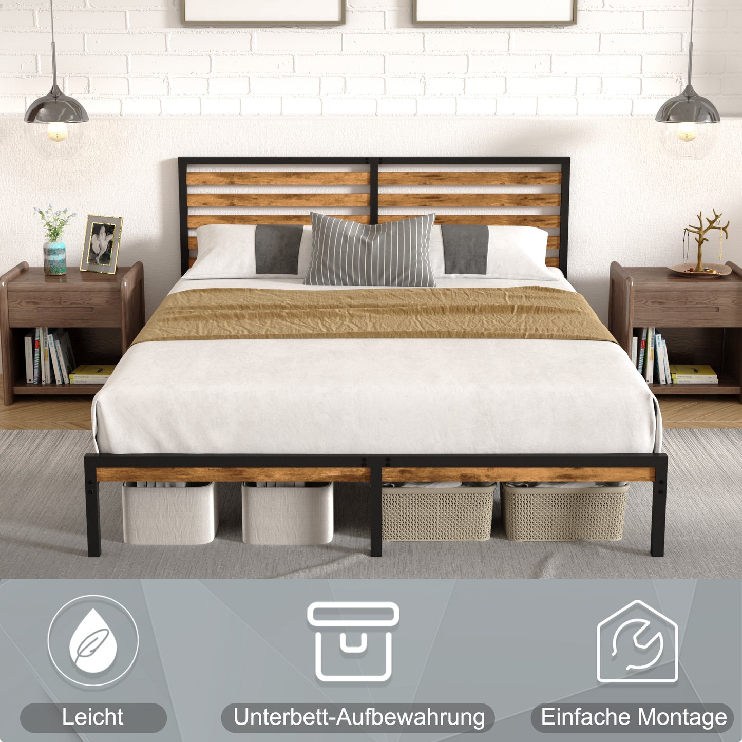 Full Size Platform Bed Frame with Wood Headboard & Under Bed Storage