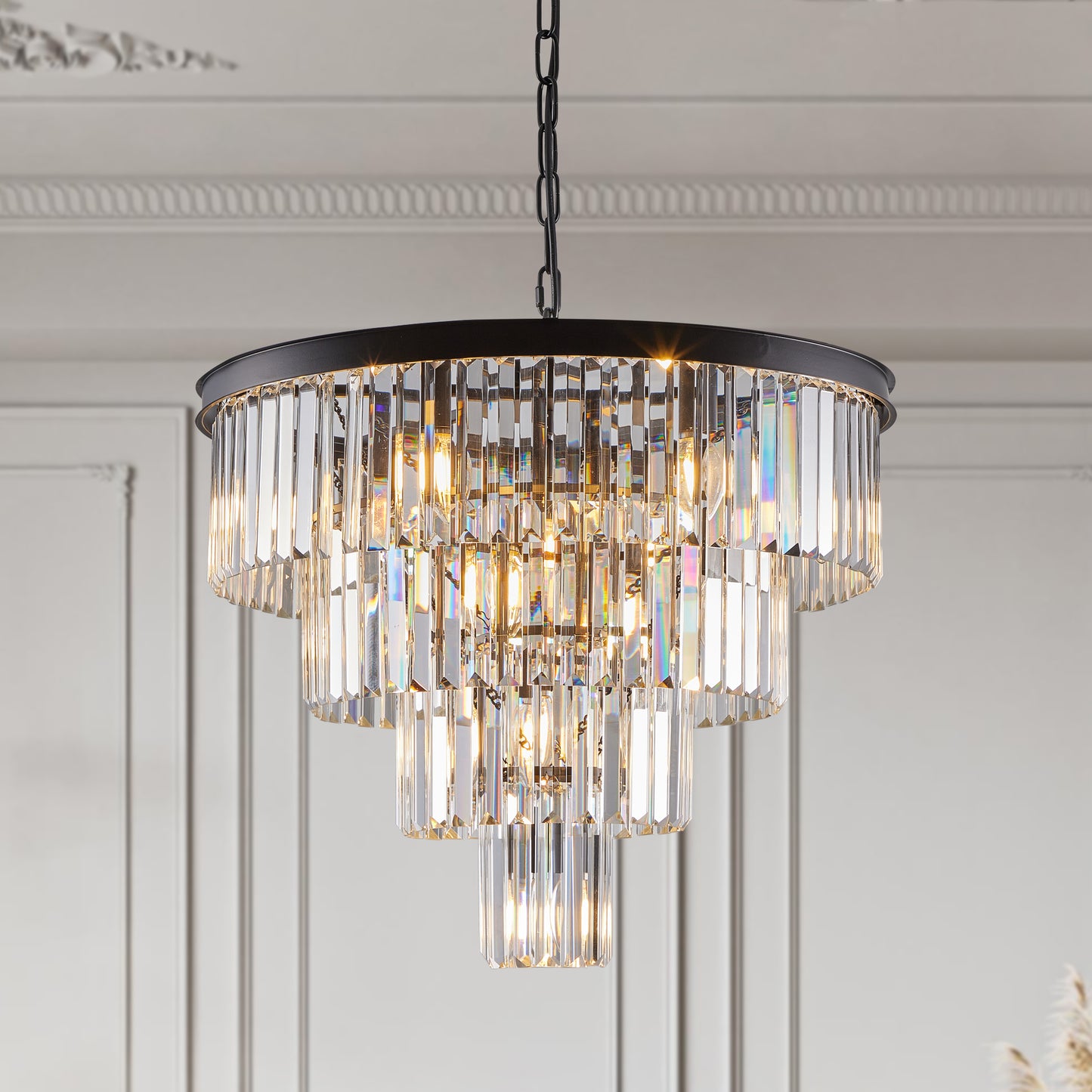 24-Inch Modern Crystal Chandelier Ceiling Light for Dining & Living Room - Black