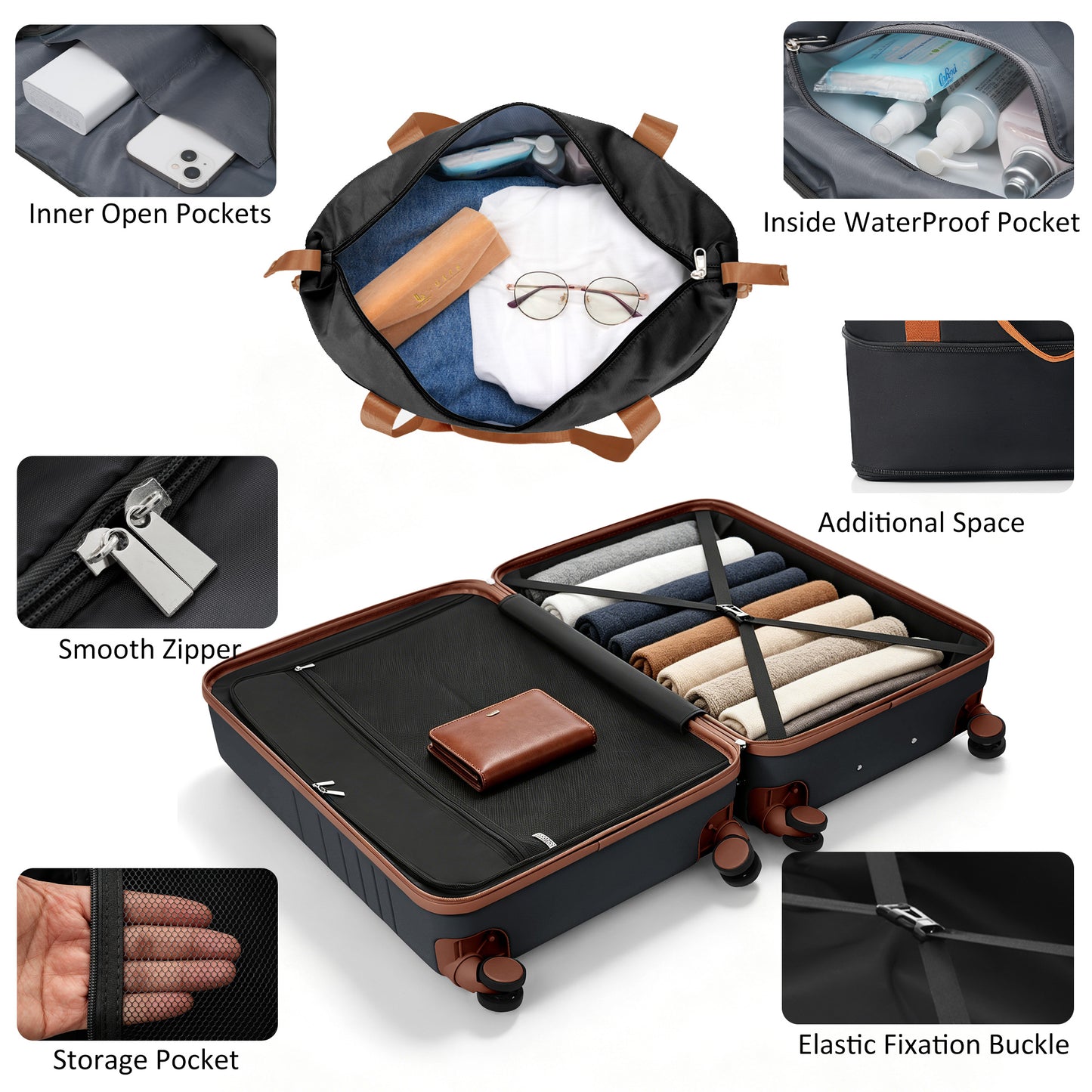 4-Piece Luggage Set with USB Charging Ports - Black & Brown