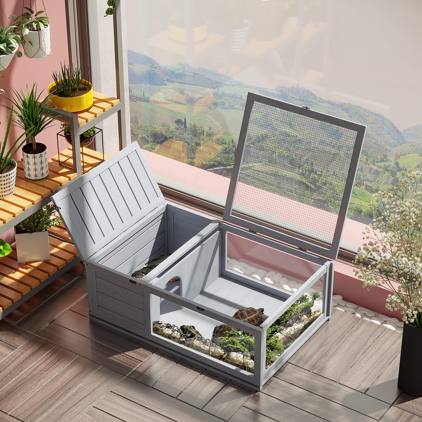Wooden Reptile Cage with Sliding Tray for Turtles, Lizards, Snakes - Grey