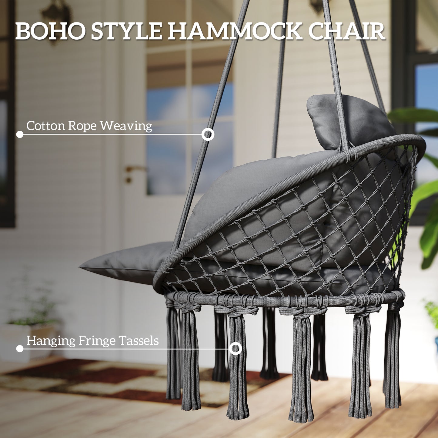 Macrame Hanging Hammock Chair with Large Cushion - Dark Gray
