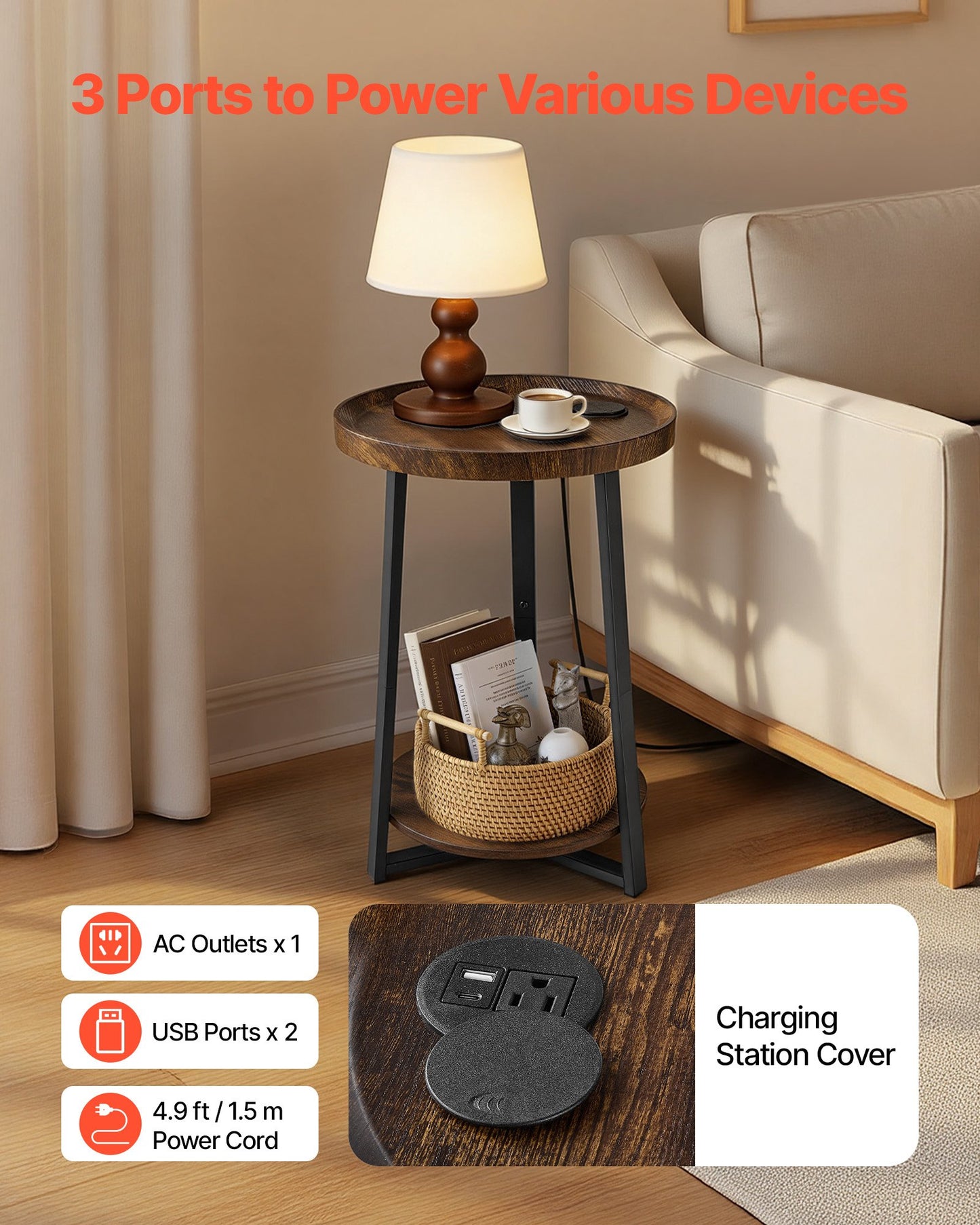 2-Tier Round Side Table with USB & AC Charging Port - Modern Nightstand for Living Room & Bedroom